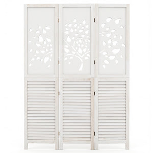 67 inches Folding Room Divider 3 Panels with Tree Cutout & Louver Design for Room-White