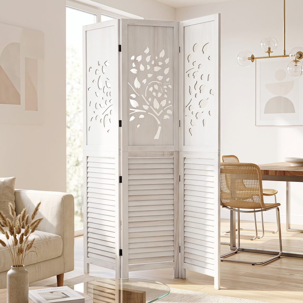 67 inches Folding Room Divider 3 Panels with Tree Cutout & Louver Design for Room-White view 2