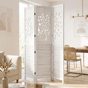67 inches Folding Room Divider 3 Panels with Tree Cutout & Louver Design for Room-White view 2