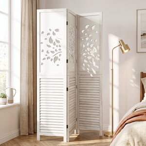 67 inches Folding Room Divider 3 Panels with Tree Cutout & Louver Design for Room-White view 3