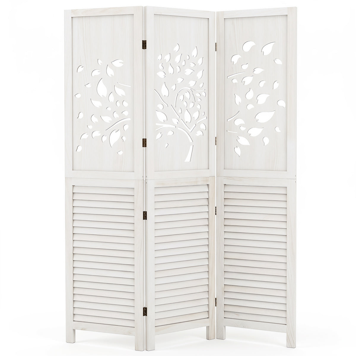 67 inches Folding Room Divider 3 Panels with Tree Cutout & Louver Design for Room-White view 4