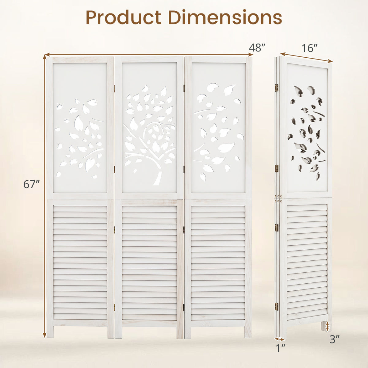 67 inches Folding Room Divider 3 Panels with Tree Cutout & Louver Design for Room-White view 5