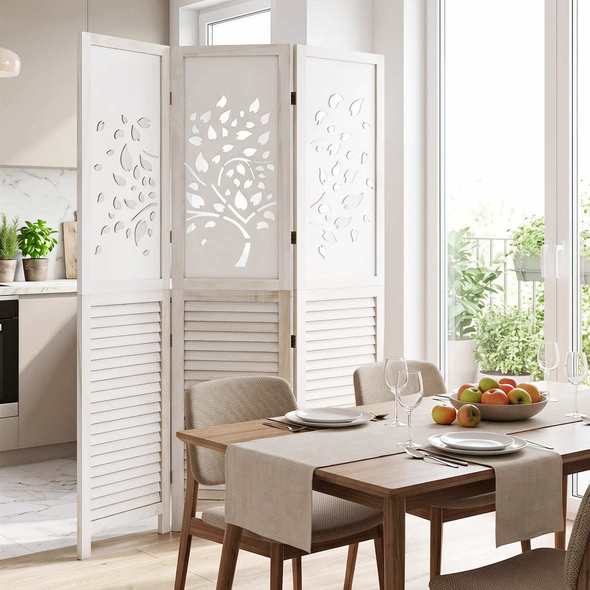 67 inches Folding Room Divider 3 Panels with Tree Cutout & Louver Design for Room-White view 6