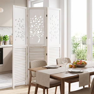 67 inches Folding Room Divider 3 Panels with Tree Cutout & Louver Design for Room-White view 6