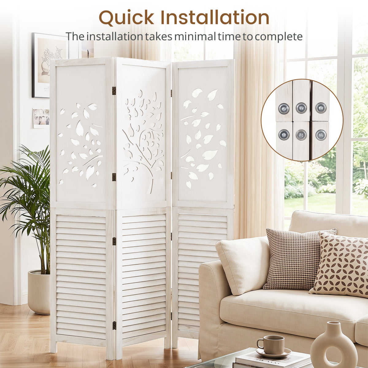 67 inches Folding Room Divider 3 Panels with Tree Cutout & Louver Design for Room-White view 8