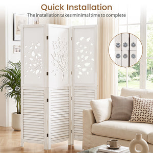 67 inches Folding Room Divider 3 Panels with Tree Cutout & Louver Design for Room-White view 8
