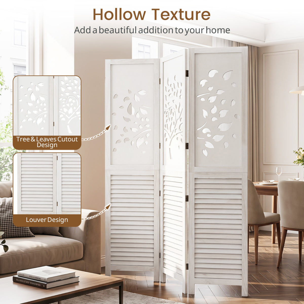 67 inches Folding Room Divider 3 Panels with Tree Cutout & Louver Design for Room-White view 9