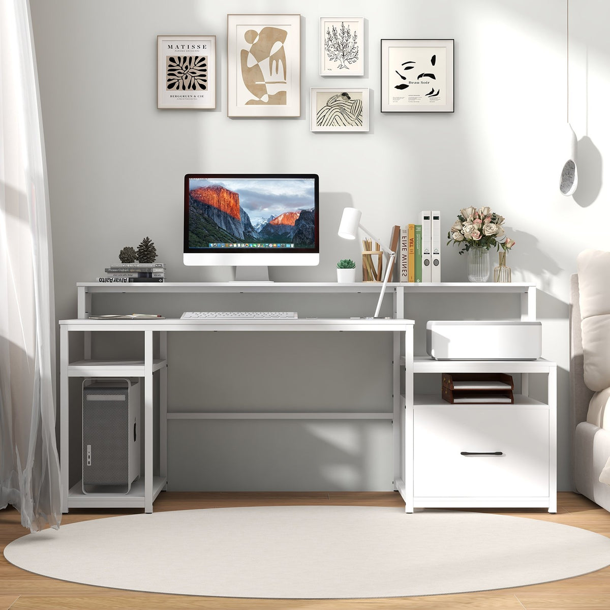 67 Inch Computer Desk with Monitor Stand & File Drawer-White view 2