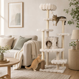 67 Inch Multi-level Cat Tree with Large Cat Condo and Padded Perch-Beige view 2
