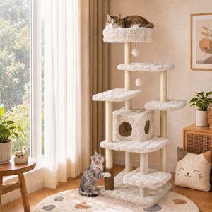 67 Inch Multi-level Cat Tree with Large Cat Condo and Padded Perch-Beige view 3