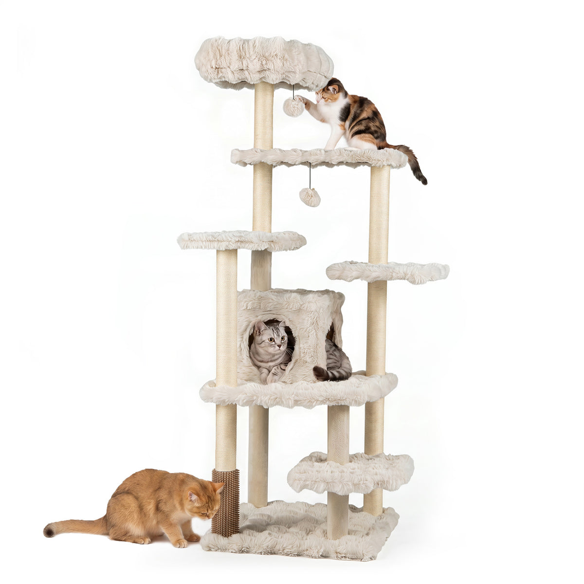 67 Inch Multi-level Cat Tree with Large Cat Condo and Padded Perch-Beige view 4