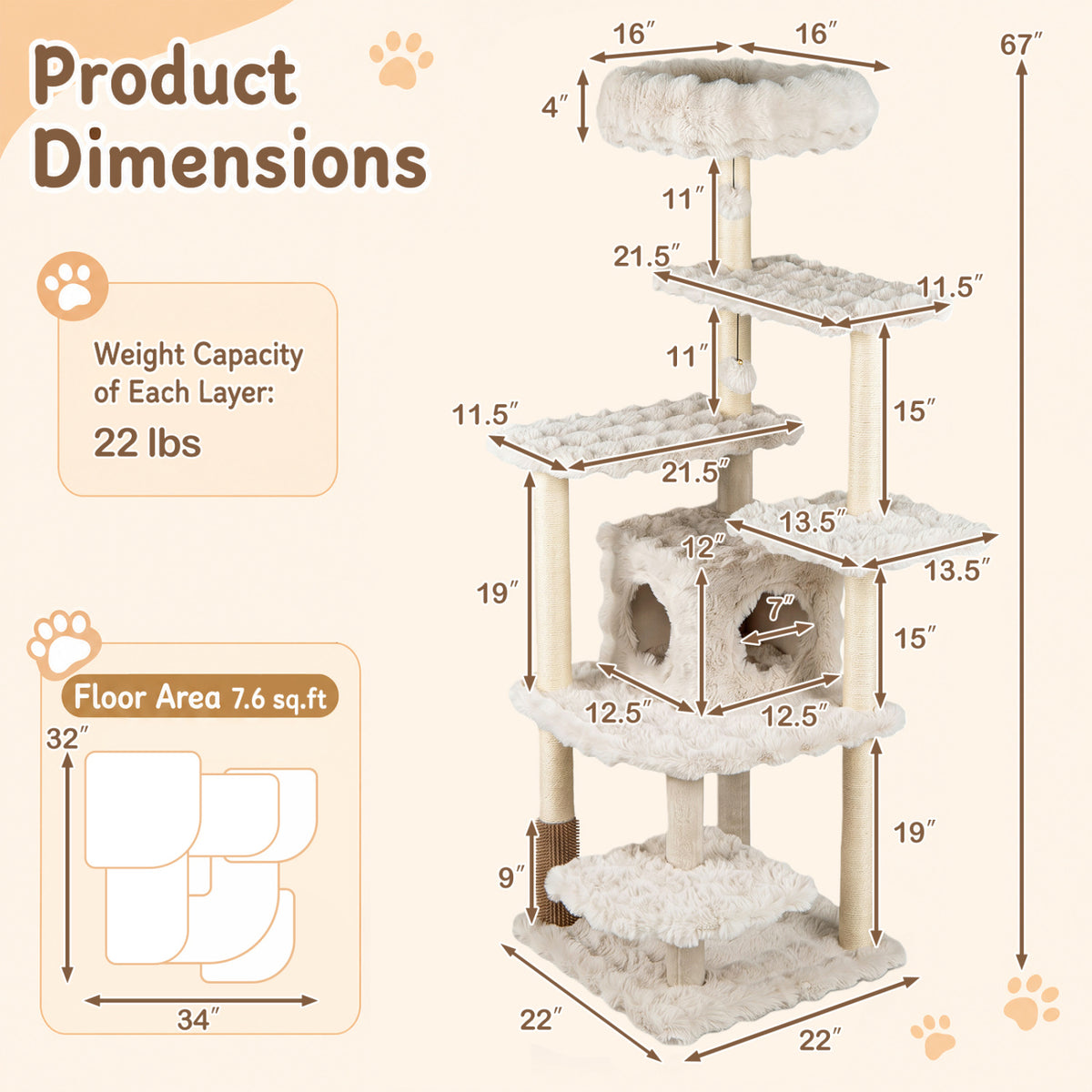 67 Inch Multi-level Cat Tree with Large Cat Condo and Padded Perch-Beige view 5