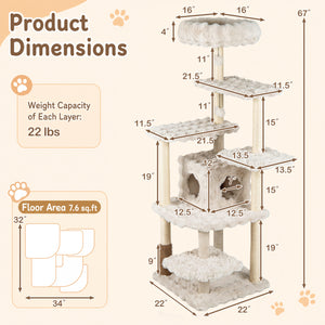 67 Inch Multi-level Cat Tree with Large Cat Condo and Padded Perch-Beige view 5