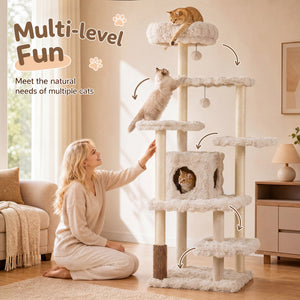 67 Inch Multi-level Cat Tree with Large Cat Condo and Padded Perch-Beige view 6