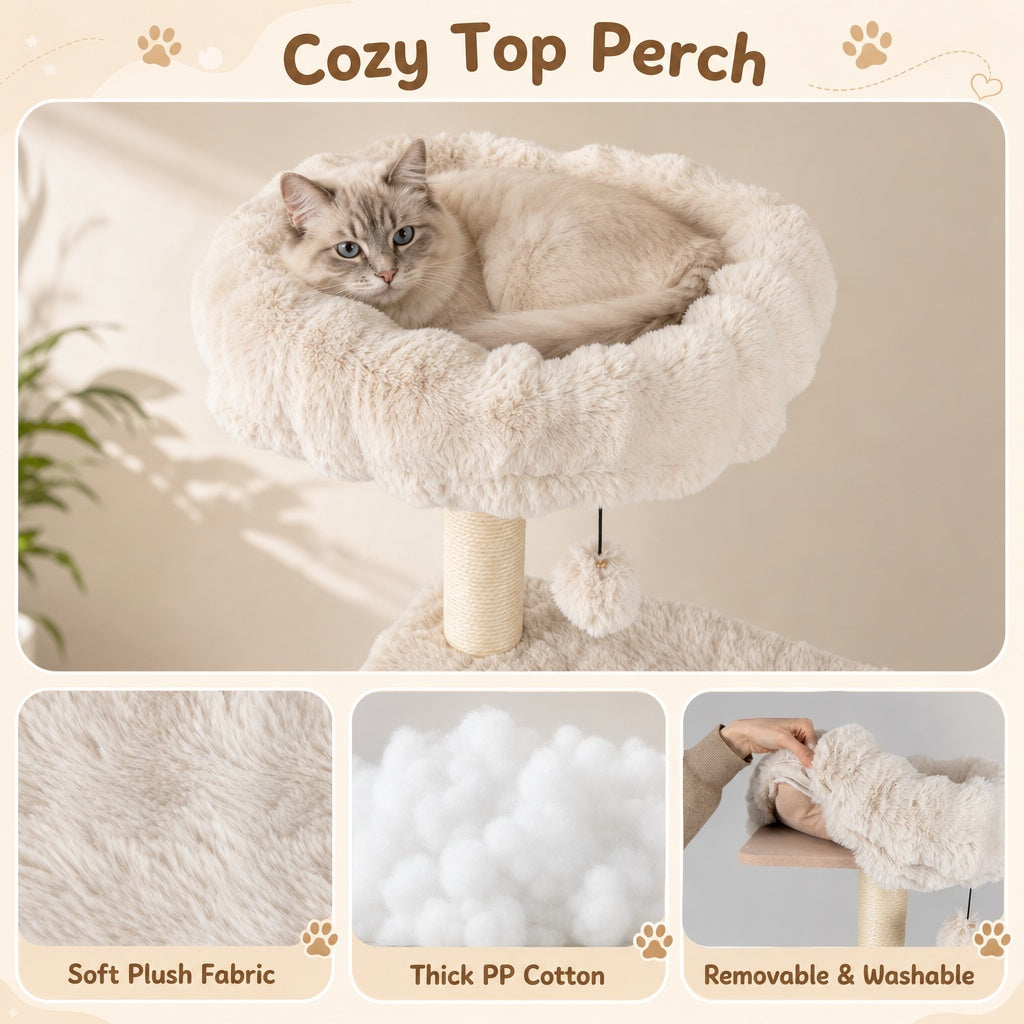 67 Inch Multi-level Cat Tree with Large Cat Condo and Padded Perch-Beige view 7