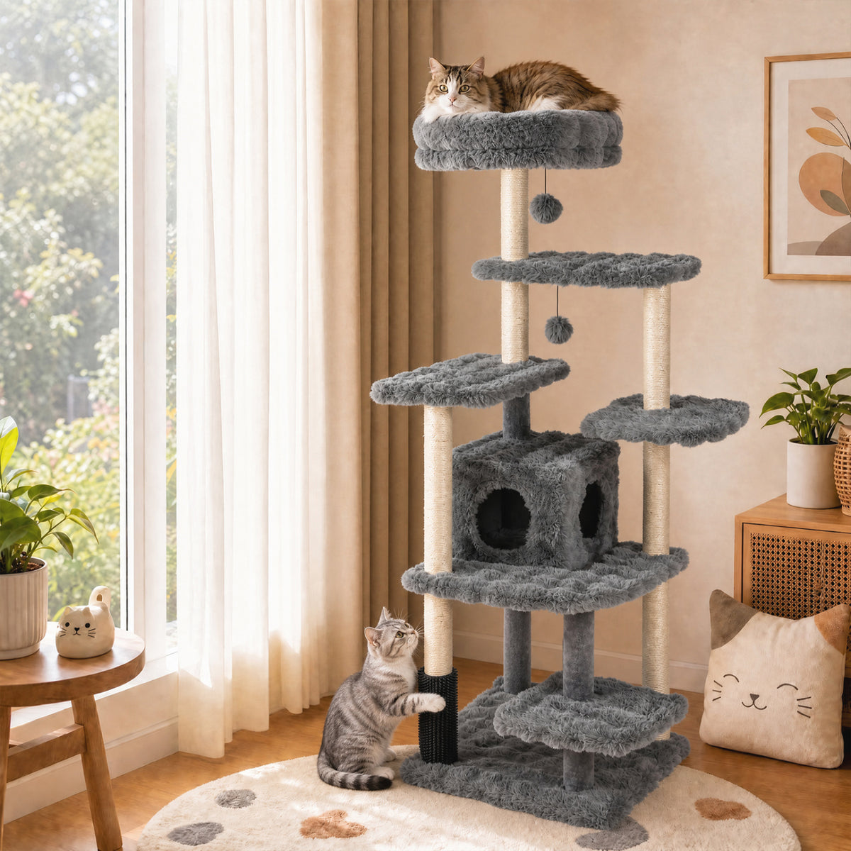 67 Inch Multi-level Cat Tree with Large Cat Condo and Padded Perch-Gray view 2