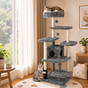 67 Inch Multi-level Cat Tree with Large Cat Condo and Padded Perch-Gray view 2