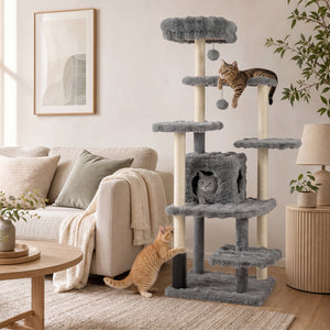 67 Inch Multi-level Cat Tree with Large Cat Condo and Padded Perch-Gray view 3