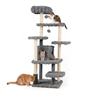 67 Inch Multi-level Cat Tree with Large Cat Condo and Padded Perch-Gray view 4