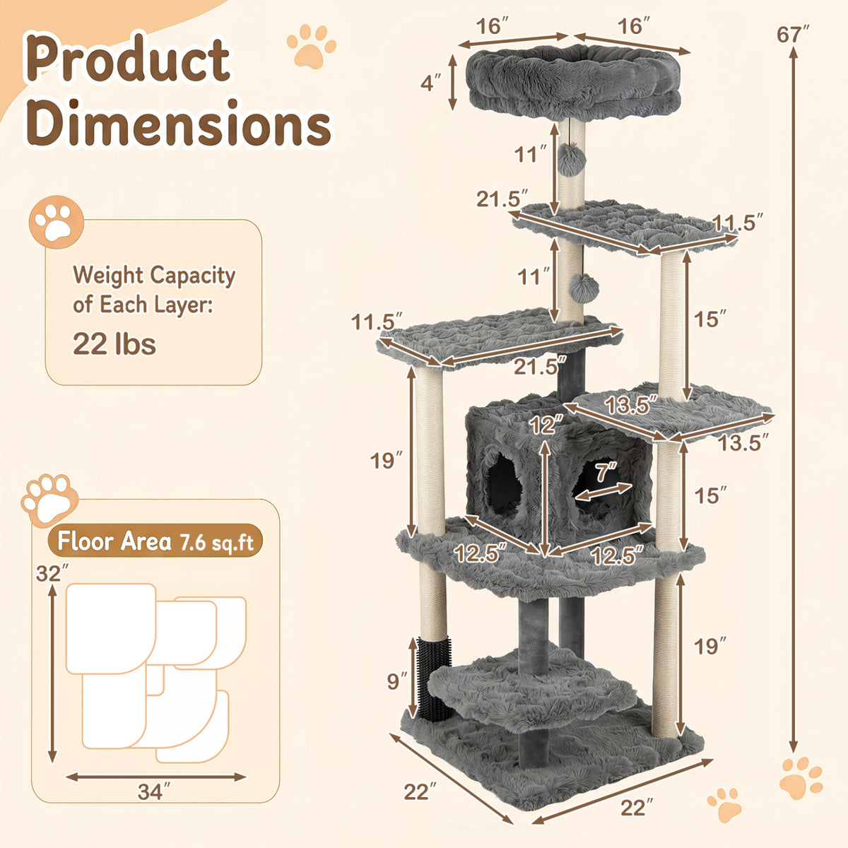 67 Inch Multi-level Cat Tree with Large Cat Condo and Padded Perch-Gray view 5