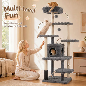 67 Inch Multi-level Cat Tree with Large Cat Condo and Padded Perch-Gray view 6