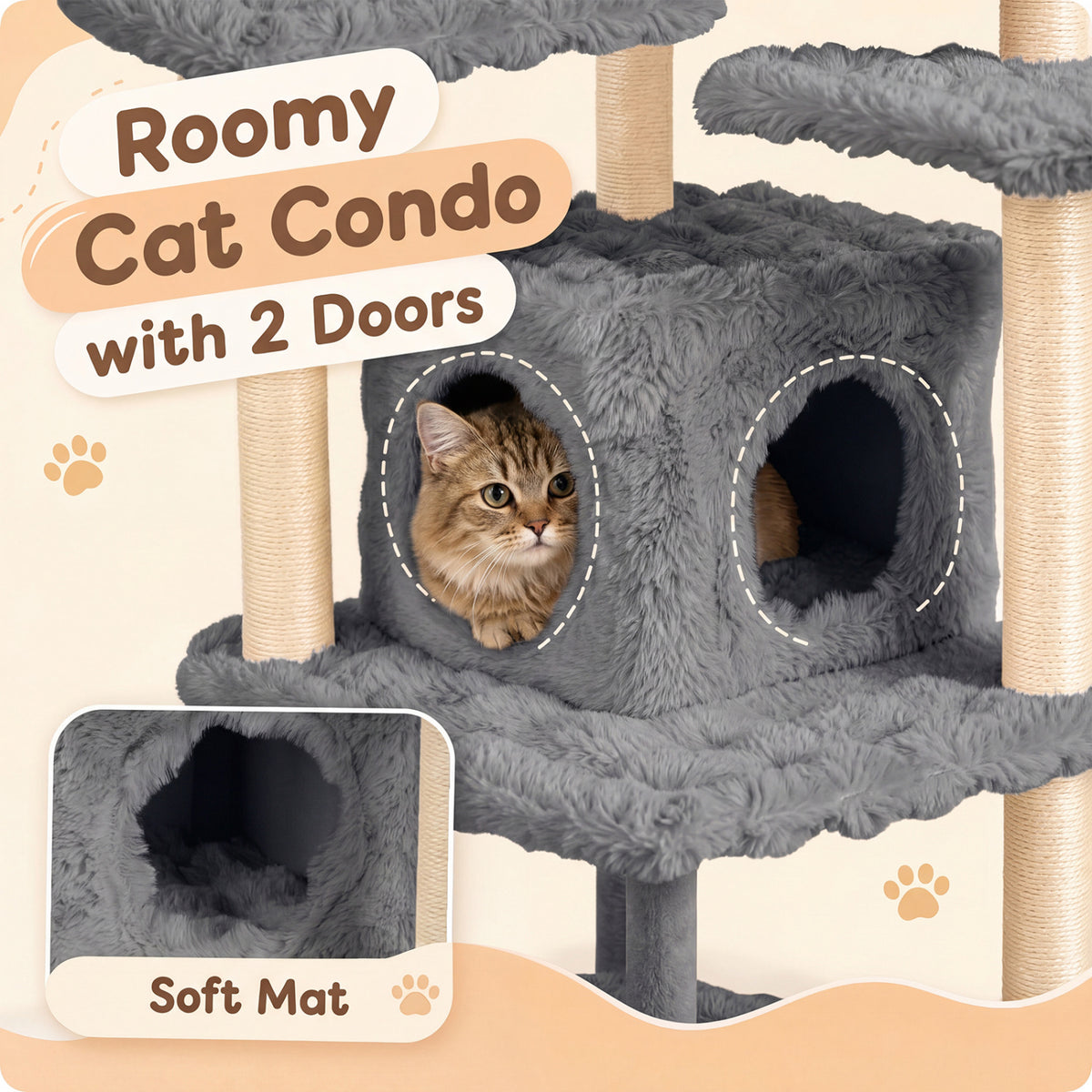 67 Inch Multi-level Cat Tree with Large Cat Condo and Padded Perch-Gray view 8