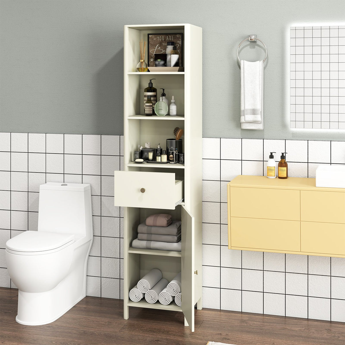 67 Inch Tall Bathroom Cabinet, Narrow Floor Cabinet with Fluted Door-Beige view 2