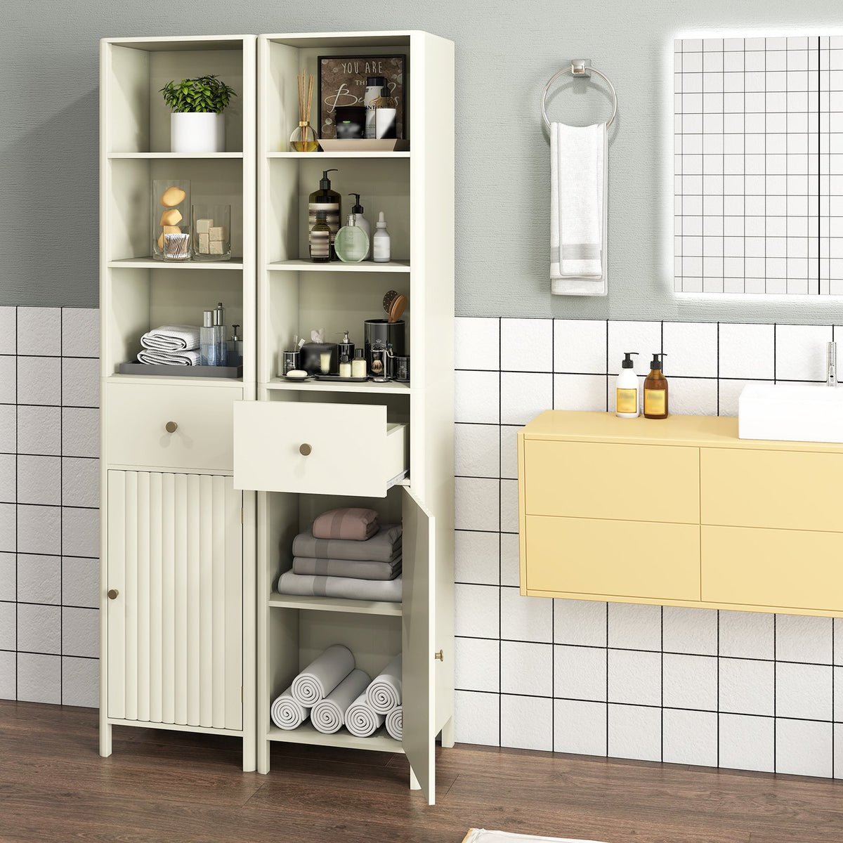 67 Inch Tall Bathroom Cabinet, Narrow Floor Cabinet with Fluted Door-Beige view 3