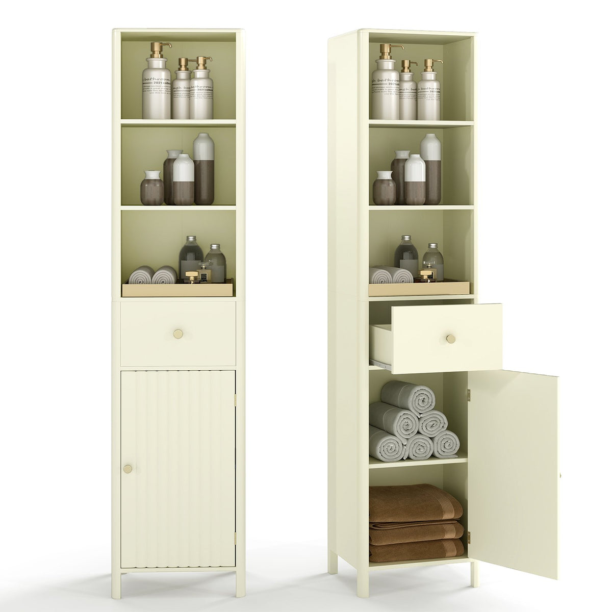 67 Inch Tall Bathroom Cabinet, Narrow Floor Cabinet with Fluted Door-Beige view 4