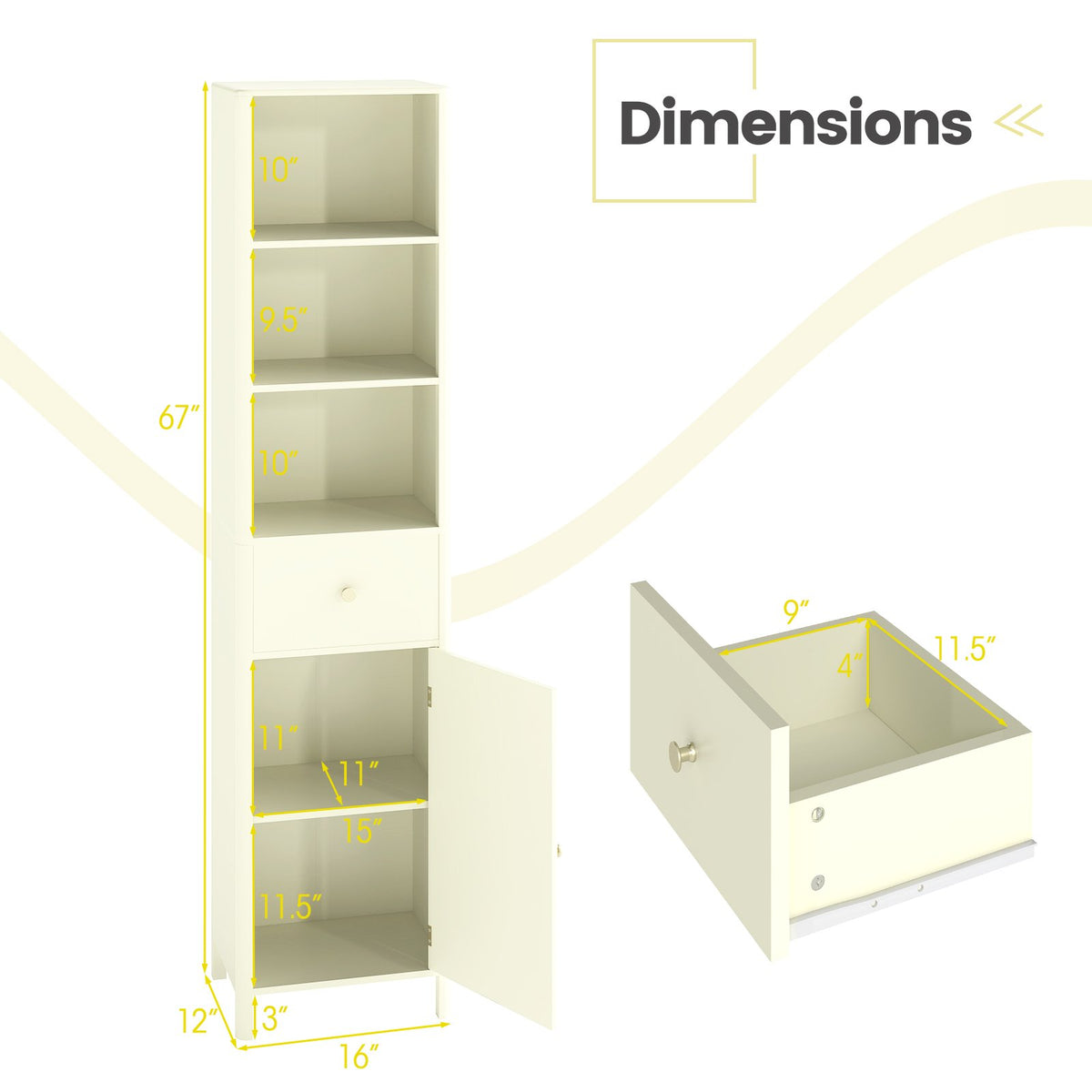 67 Inch Tall Bathroom Cabinet, Narrow Floor Cabinet with Fluted Door-Beige view 5