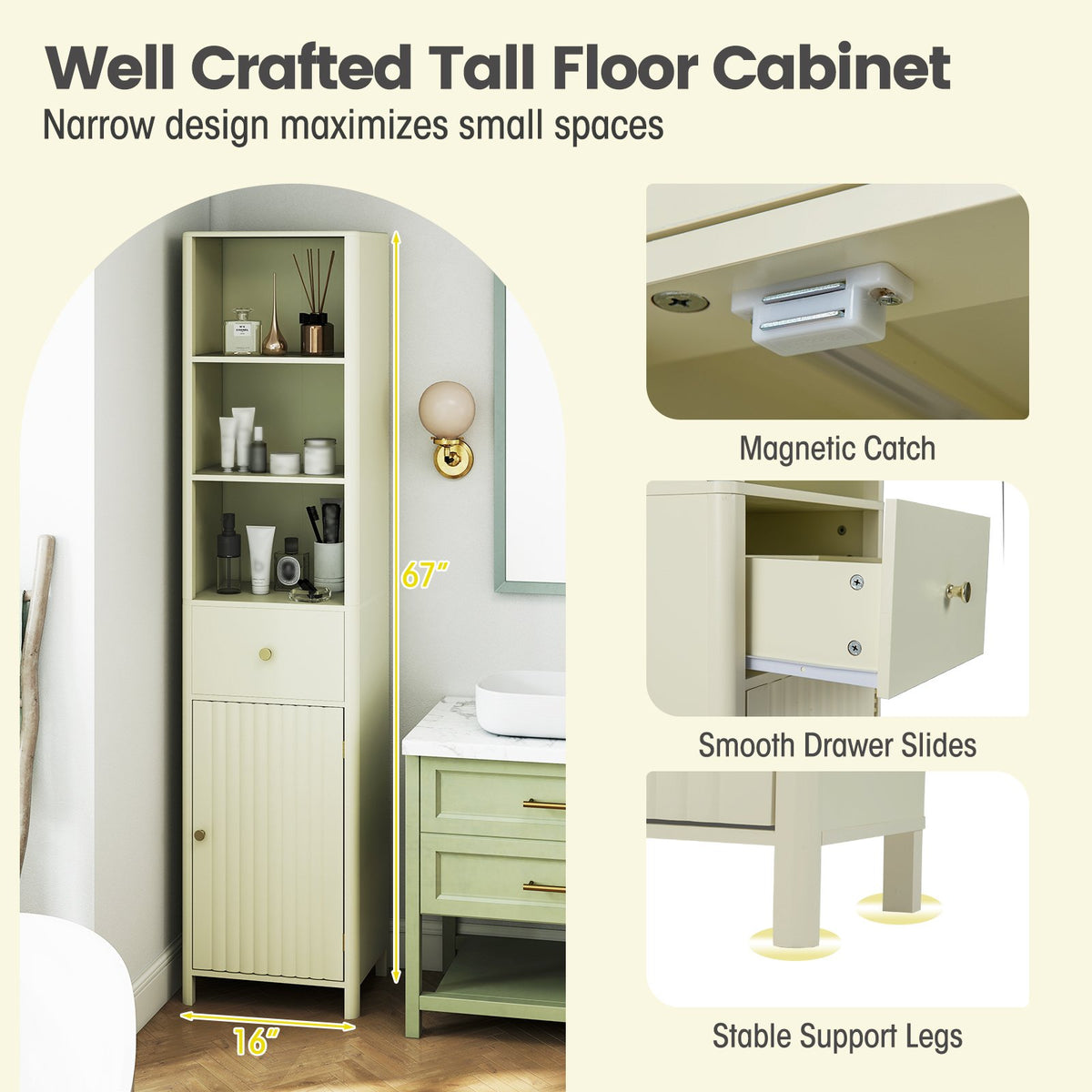 67 Inch Tall Bathroom Cabinet, Narrow Floor Cabinet with Fluted Door-Beige view 6