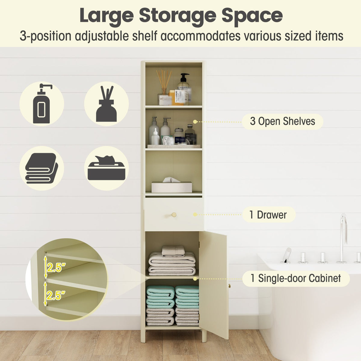 67 Inch Tall Bathroom Cabinet, Narrow Floor Cabinet with Fluted Door-Beige view 7