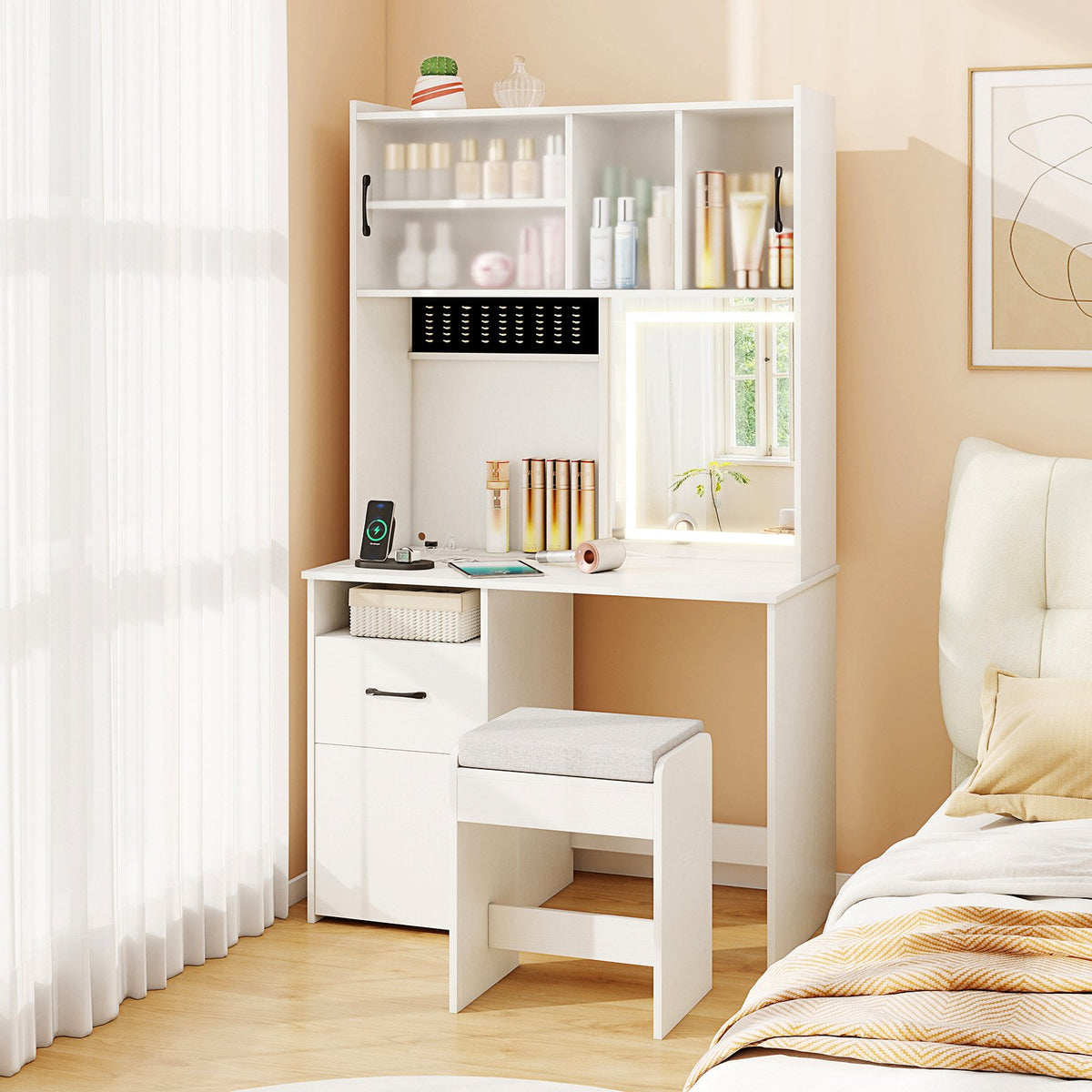 67 Inches Tall Vanity Set with Mirror Makeup Dressing Table with Charging Station-White view 2