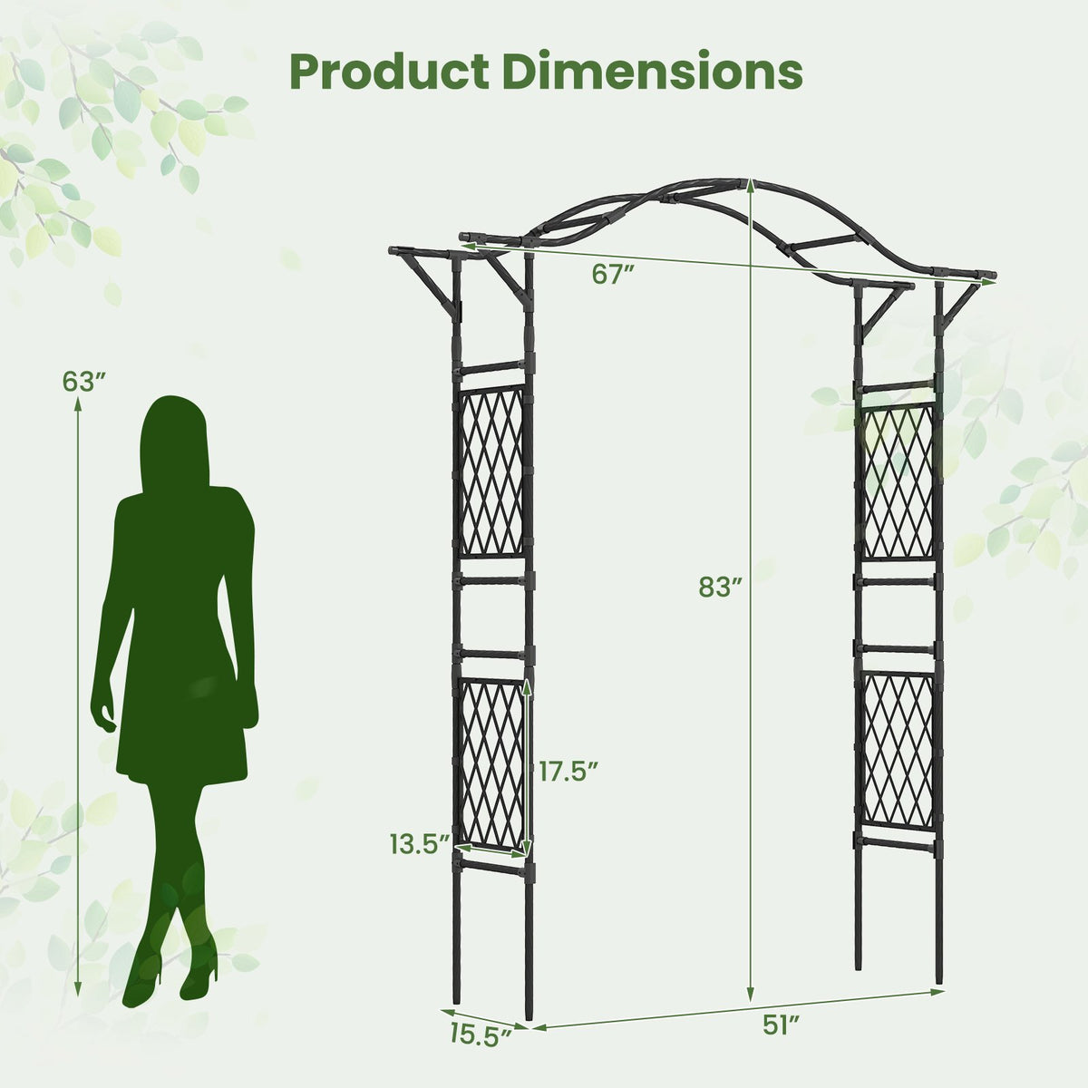 67 x 83 Inch Garden Arch Trellis Metal Pergola Arbor for Climbing Plants-Black view 5