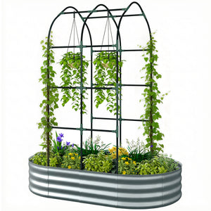 Galvanised Raised Garden Bed with Arched Trellis, 5 x 3 x 6ft Metal Outdoor Planter Box with Open Bottom, Silver