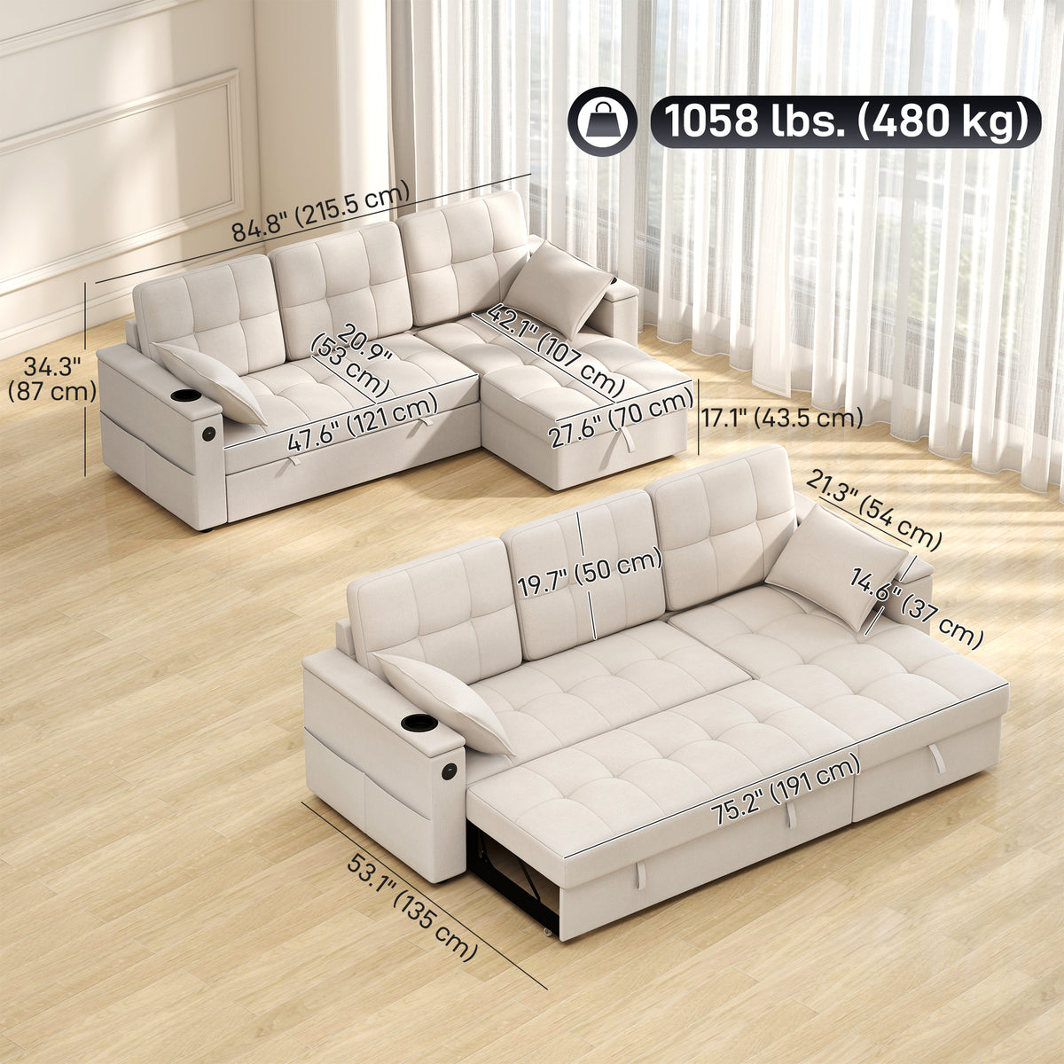 Convertible Sectional Sofa Bed, Pull Out Sleeper Sofa Couch with USB‑A+C, Chaise Storage – view 2