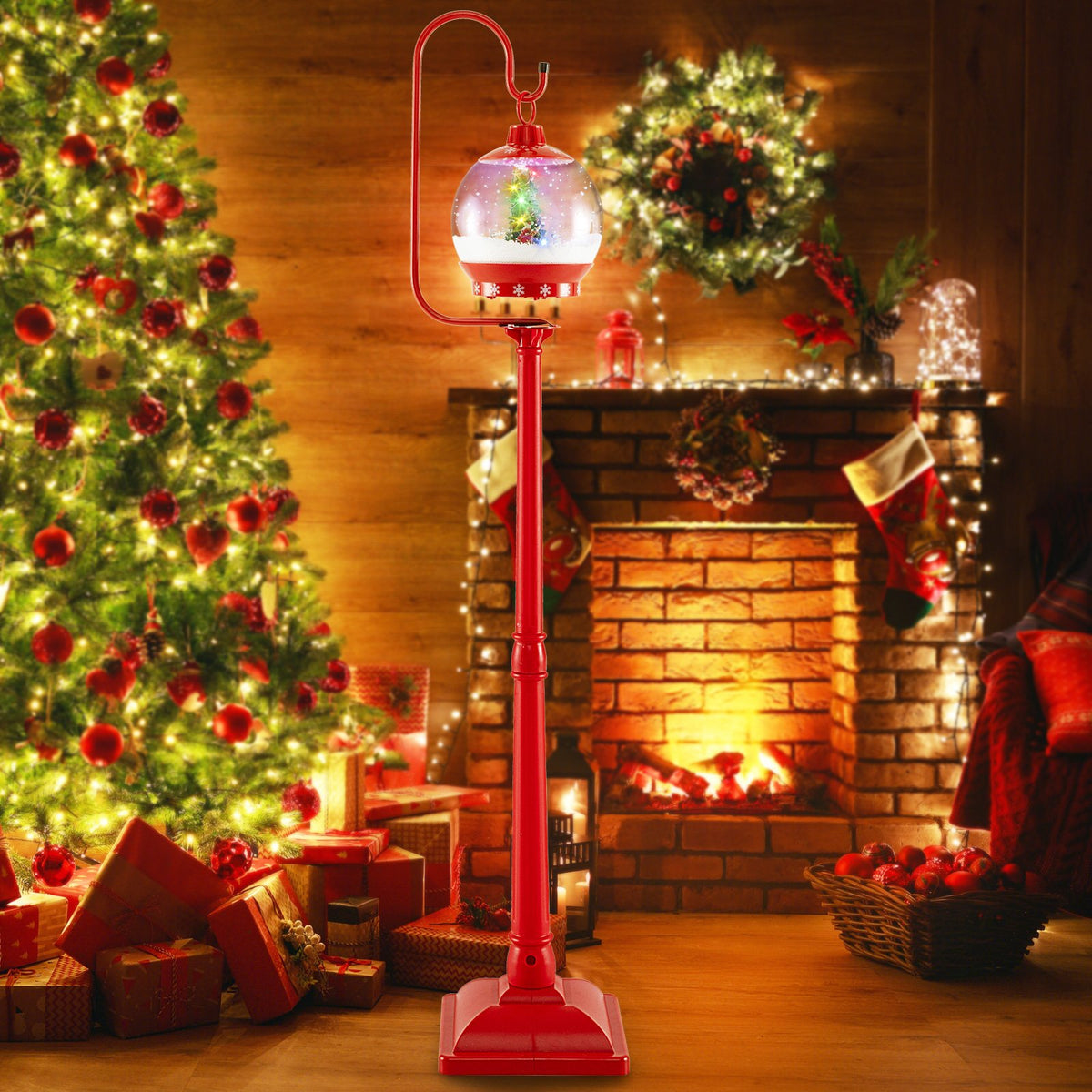68 Inch Festive Musical Christmas Street Lamp Post with Snow Globe Lantern-Red view 2