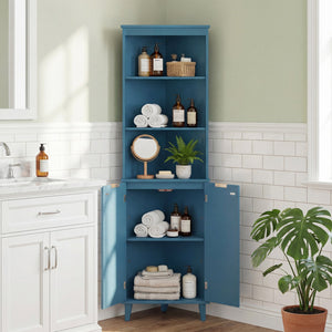 68 Inch Tall Bathroom Floor Storage Cabinet with Fluted Doors-Blue view 3