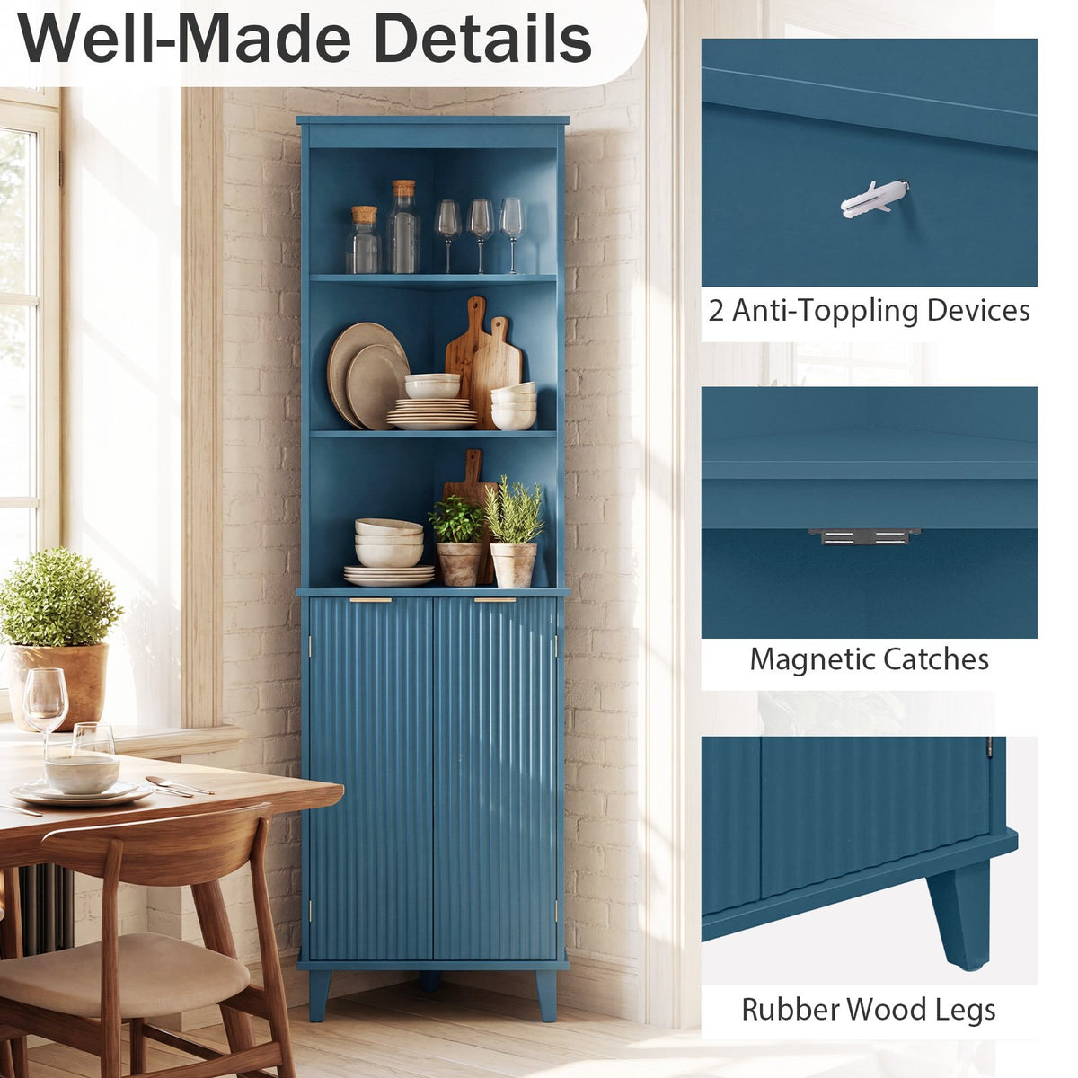 68 Inch Tall Bathroom Floor Storage Cabinet with Fluted Doors-Blue view 9