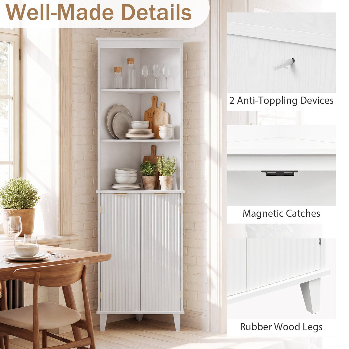68 Inch Tall Bathroom Floor Storage Cabinet with Fluted Doors-White view 9