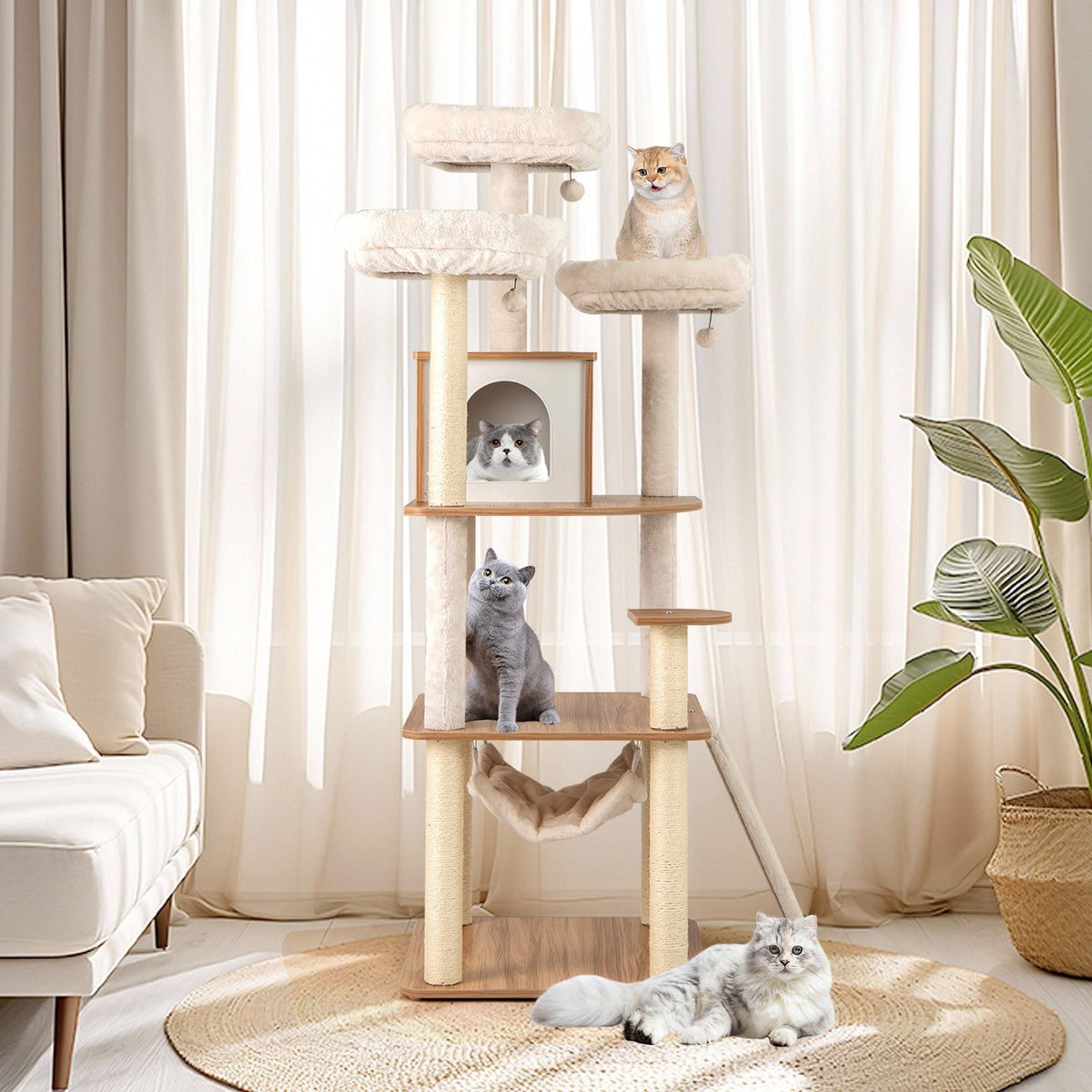 68 Inch Tall Cat Tree with 3 Padded Perches Condo and Sisal Scratching Posts-Natural view 3