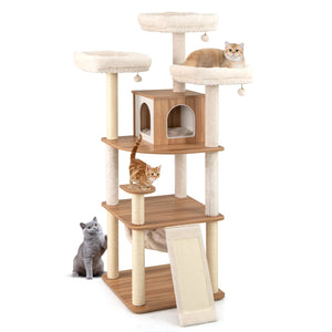 68 Inch Tall Cat Tree with 3 Padded Perches Condo and Sisal Scratching Posts-Natural view 4