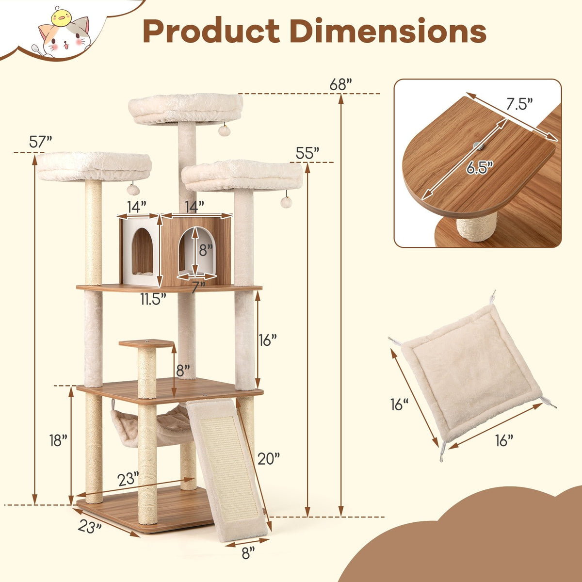 68 Inch Tall Cat Tree with 3 Padded Perches Condo and Sisal Scratching Posts-Natural view 5