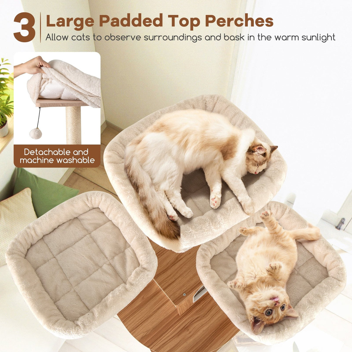 68 Inch Tall Cat Tree with 3 Padded Perches Condo and Sisal Scratching Posts-Natural view 6