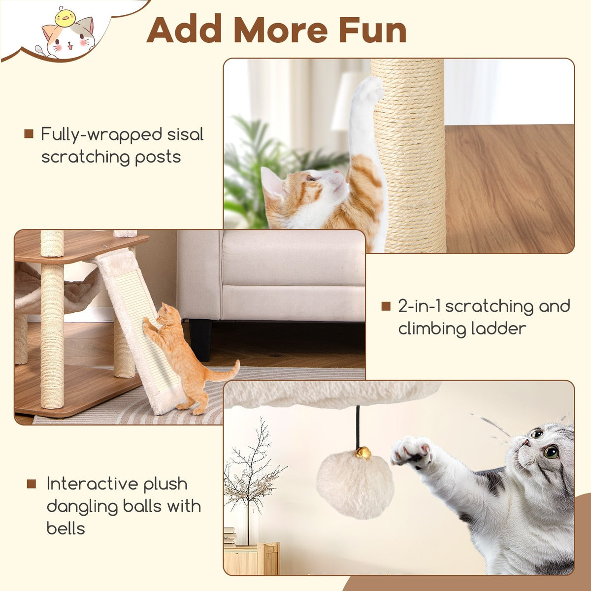 68 Inch Tall Cat Tree with 3 Padded Perches Condo and Sisal Scratching Posts-Natural view 8