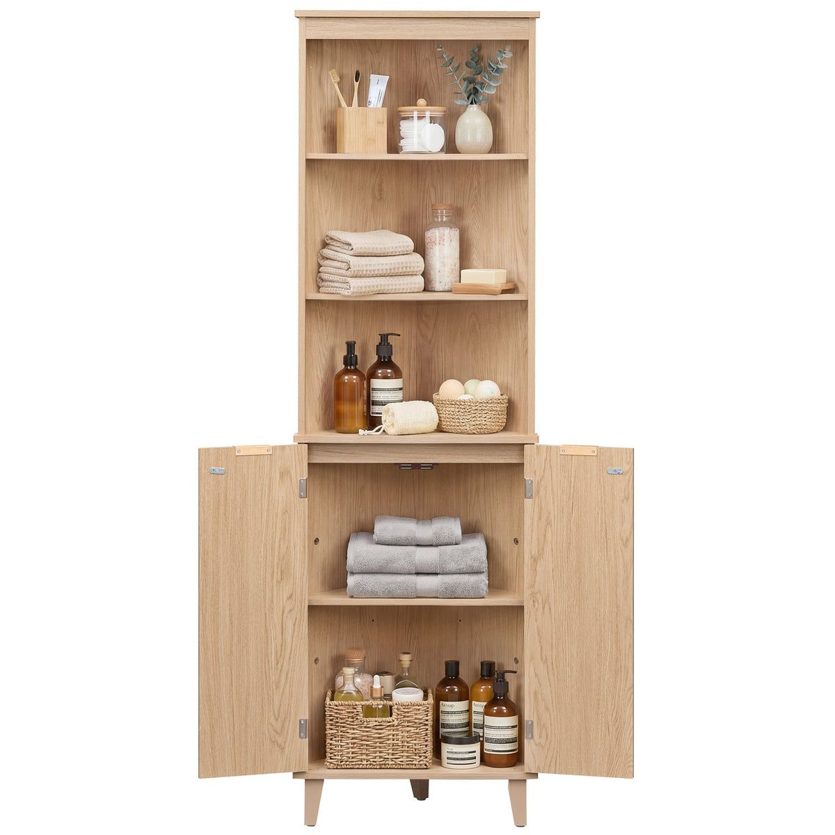 68 Inch Tall Corner Cabinet with Fluted Doors for Bathroom-Oak