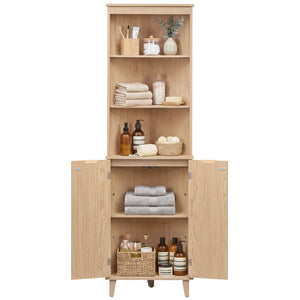 68 Inch Tall Corner Cabinet with Fluted Doors for Bathroom-Oak