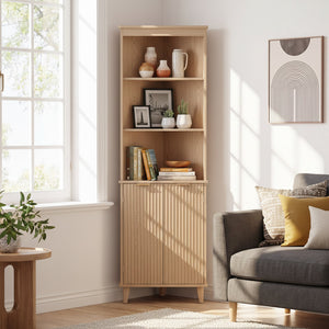 68 Inch Tall Corner Cabinet with Fluted Doors for Bathroom-Oak view 2