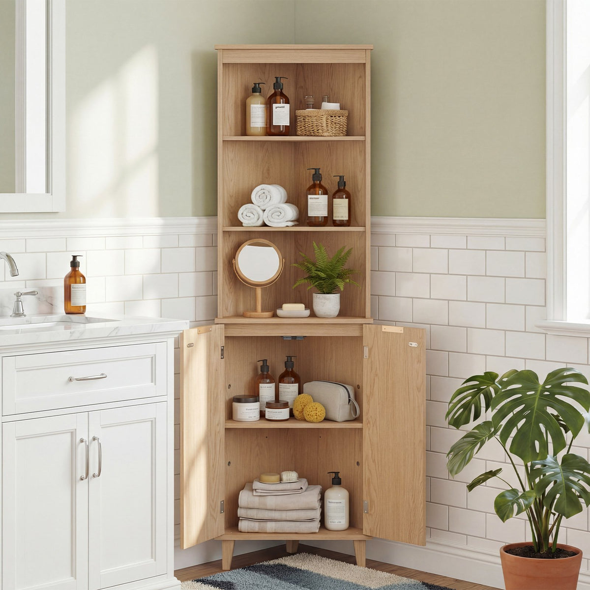 68 Inch Tall Corner Cabinet with Fluted Doors for Bathroom-Oak view 3