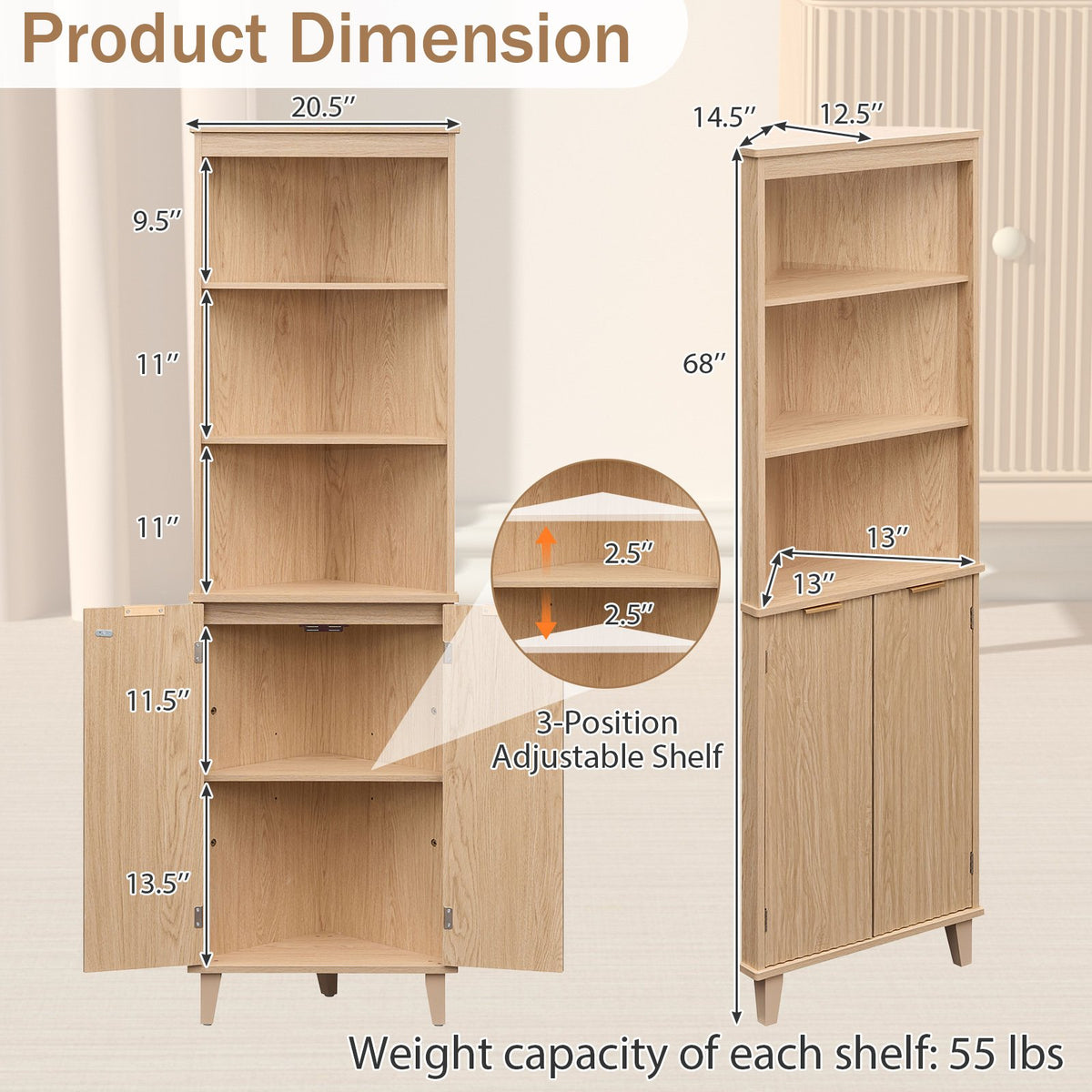 68 Inch Tall Corner Cabinet with Fluted Doors for Bathroom-Oak view 5